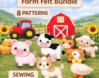 Filz Nähen Muster Bundle PDF, 8 Muster, DIY Bauernhof Tiere, Scheune Traktor Set, Kinderzimmer Dekor, Filzspielzeug Muster, anfängerfreundlich
