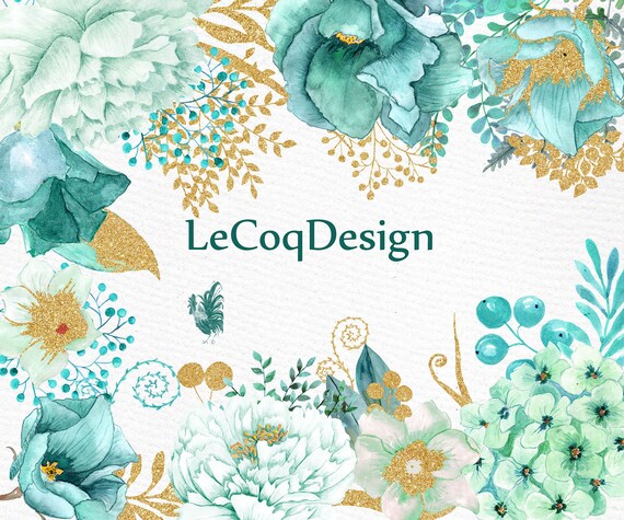 Download Gold Mint Flowers Clipart Watercolor Flowers Etsy