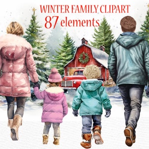 Kerstfamilie clipart: "FAMILY CLIPART" Winterfamilie Winterlandschap Kerstkaarten Pine Tree Forest Ouders en kinderen Kerstafbeelding