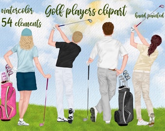 May include: Watercolor illustration of four golfers, two men and two women, with golf clubs and bags. The golfers are wearing casual clothing and are in various poses. The background is a watercolor wash of blue and green.