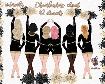 May include: Watercolor clipart of five cheerleaders wearing black and gold uniforms with pom-poms. The cheerleaders are standing in a line with their arms raised above their heads. The text "Cheerleaders clipart 42 elements" is written above the cheerleaders.