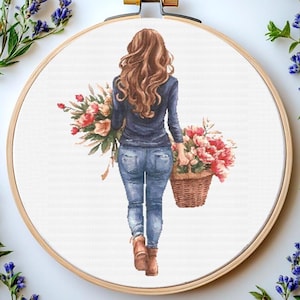Girl with Flowers Cross Stitch Pattern: Elegant Women Embroidery (PDF)