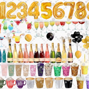 May include: A digital illustration set featuring gold foil balloons in the shape of numbers 0-9, champagne bottles, glasses, and various party drinks. The set also includes black and gold balloons, coffee cups, and mugs with the text "Warm Wishes".