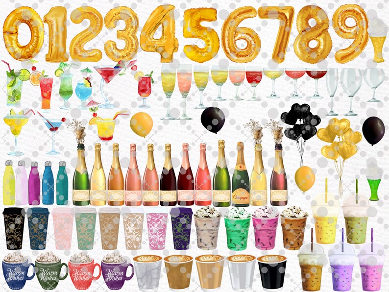 May include: A digital illustration set featuring gold foil balloons in the shape of numbers 0-9, champagne bottles, glasses, and various party drinks. The set also includes black and gold balloons, coffee cups, and mugs with the text "Warm Wishes".