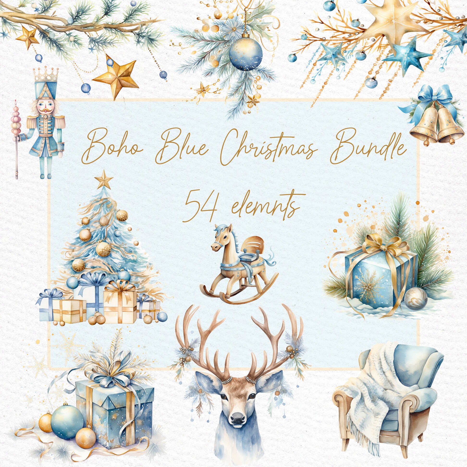 Boho Christmas Clipart Bundle: "COZY CHRISTMAS CLIPART" Ornaments Clipart Blue Gold Christmas Christmas Deer Reindeer Png Aesthetic clipart