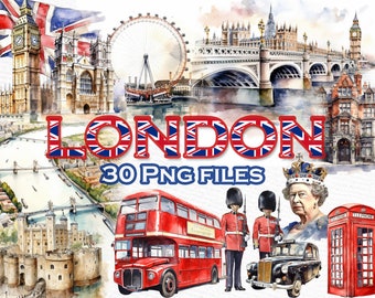 Clipartset Londen: illustraties van Groot-Brittannië, Big Ben, taxi (30 png-bestanden)