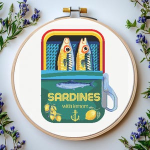 Sardines Can Cross Stitch Pattern: &quot;SARDINES CROSS STITCH&quot; Fish Can Cross Stitch Pattern Cross Stitch Sardine Food Art Kitchen cross stitch