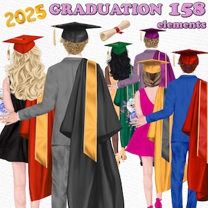 Afstuderen Clipart: "AFSTUDEREN STUDENTEN" Gefeliciteerd afgestudeerde Toga-hoed witte afstudeerjurken Grad College Senior mannelijke vrouwelijke studenten
