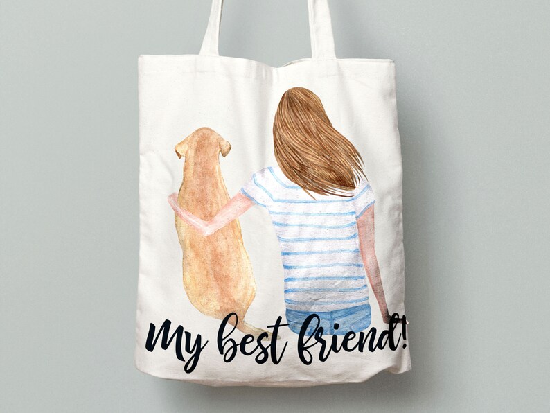 May include: White tote bag with a watercolor illustration of a woman and a dog. The woman has long brown hair and is wearing a blue and white striped shirt and blue jeans. The dog is a golden retriever. The text "my best friend!" is printed on the bag.