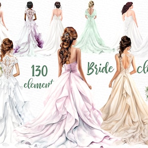 May include: A collection of 130 watercolour illustrations of brides in various wedding dresses. The illustrations feature different hairstyles, dress styles, and colours. The text "Bride clipart" is included in the image.