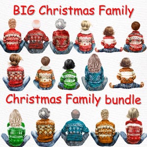 Paquete de imágenes prediseñadas de gran familia: "CLIPTS FAMILIARES DE NAVIDAD" Suéteres navideños a juego Papá Mamá Niños Abuelos Retrato familiar personalizable en formato PNG