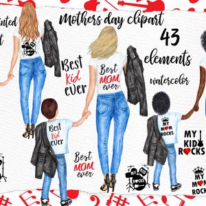Madre e hijo clipart: "MOTHER'S DAY CLIPART" Moda clipart Niños Clipart Niñas Clipart Mis hijos rocas Mamá Vida clipart mamá clipart