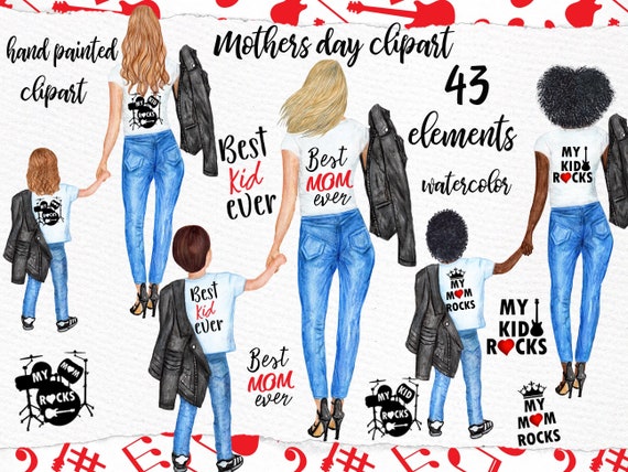 Mother and child clipart: "MOTHER'S DAY CLIPART" Fashion clipart Children Clipart Girls Clipart My kids rocks Mom Life clipart Mom clipart