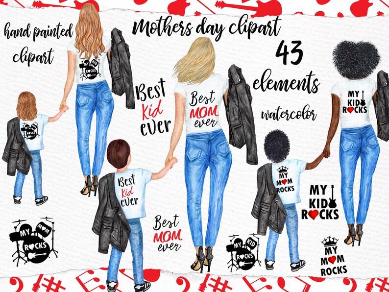 Op de afbeelding: Waterverf clipart set van moeders en kinderen die t-shirts dragen met rock-and-roll-thema tekst. De tekst omvat "Best Mom Ever", "Best Kid Ever" en "My Kid Rocks".