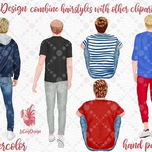 May include: Five watercolor illustrations of men with different hairstyles and clothing. The men are all facing away from the viewer. The illustrations are hand-painted and have a watercolor effect. The text "LeCogDesign combine hairstyles with other clipart sets" is at the top of the image. The text "watercolor" is at the bottom left of the image. The text "hand painted" is at the bottom right of the image.