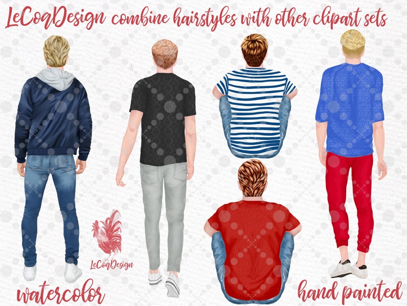 May include: Five watercolor illustrations of men with different hairstyles and clothing. The men are all facing away from the viewer. The illustrations are hand-painted and have a watercolor effect. The text "LeCogDesign combine hairstyles with other clipart sets" is at the top of the image. The text "watercolor" is at the bottom left of the image. The text "hand painted" is at the bottom right of the image.