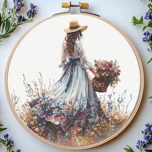 Girl with Flowers Cross Stitch Pattern: Elegant Women Embroidery (PDF Pattern)