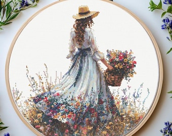 刺繍画　花を持った少女 花を持った可愛い女の子のクロスステッチ図案、女性用刺繍デザイン