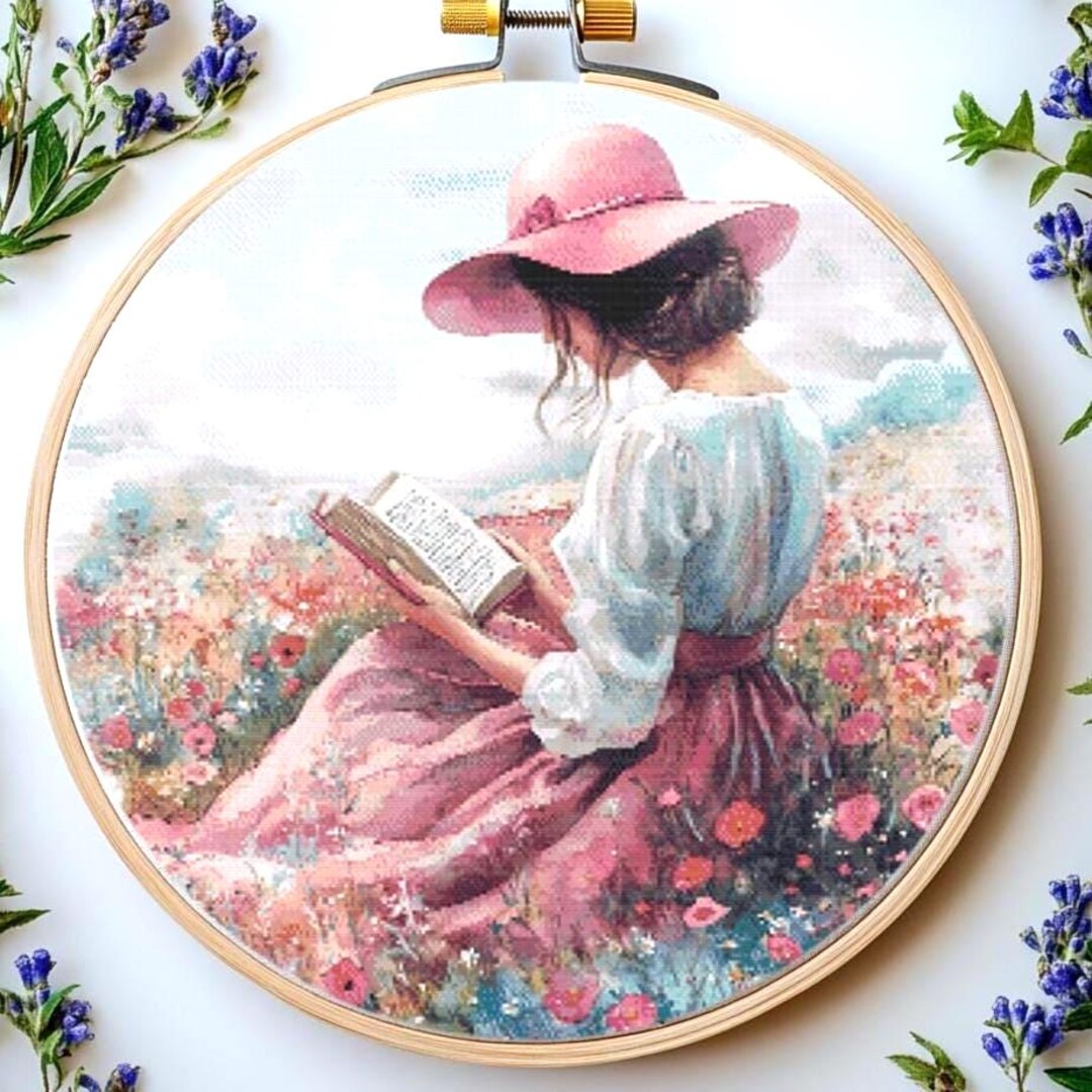 本を読む女の子のクロスステッチパターン：花柄ヴィンテージデザイン