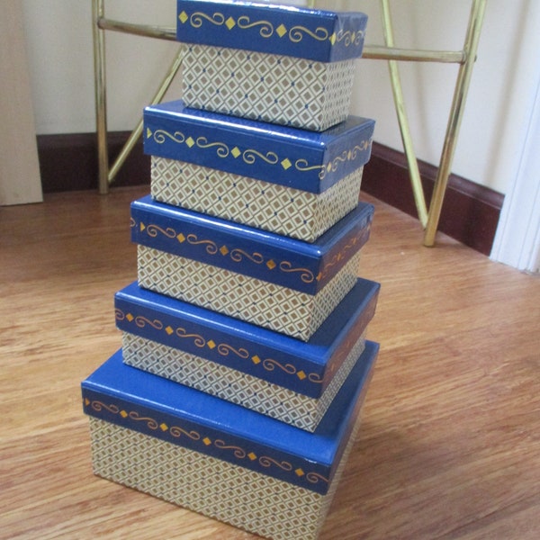 Unique Set of 5 Rectangle Cardboard Nesting Stacking Boxes, Geometric Pattern Boxes and Solid Blue Color w/Gold Abstract Decor Around Lids