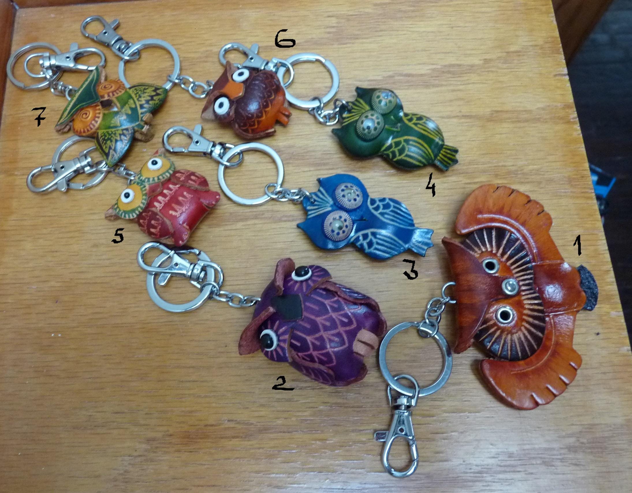Unique Embossed Genuine Leather Owl Key-Chains, Key-Rings, Bag Charms, Special Decor, Bag Accessorie