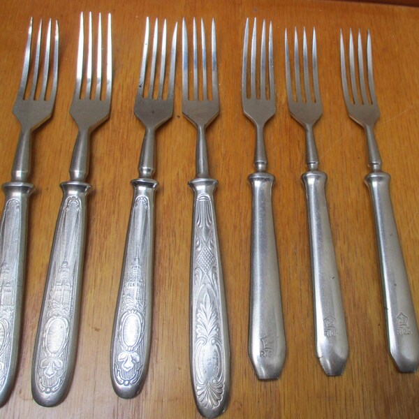 Vintage 60's, Serving Forks Set, Stainless Steel, 4 Forks w/Brand "Factory Kirova" and 3 Forks from Riga, Soviet patina, Dinner Forks USSR