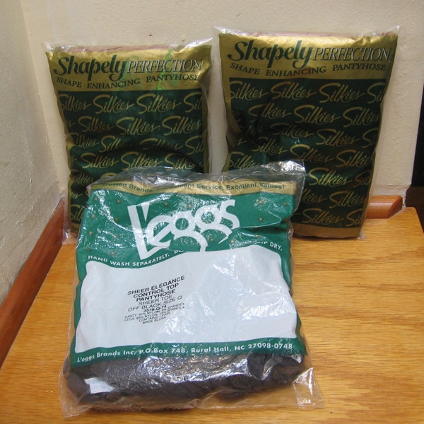 Free Shipping Lot of 3 Pairs Pantyhoses 90's, 2 Original Packages of Silkies Shapely Reflections and L'eggs Pantyhose, All Three Made in USA