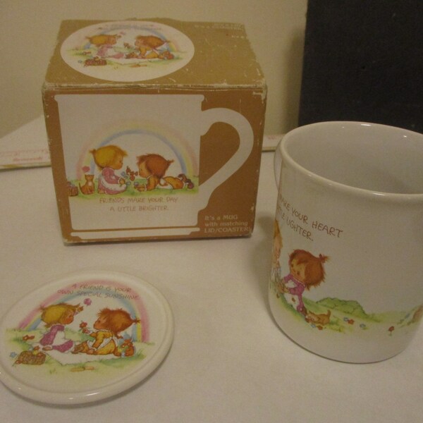 Vtg 80's,Cute Hallmark Mug Mates Friendship Coffee/Tea Mug w/Matching Lid/Coaster, Friends Make Your Day a Little Brighter, Made in Japan