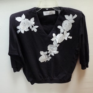 Vintage 90's, Women's Pullover/Sweater by Karen Scott, Long Sleeves Black Pullover w/White Floral Appliqués, Medium Size