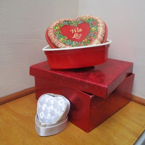 Sale.VTG 90&#39;s Set of 3 Rare Find Boxes/Hearts:Red Square Box w/Heart On Lid, &quot;With Love&quot; Plastic Heart Box by Ullman, Satin Heart Shaped Box