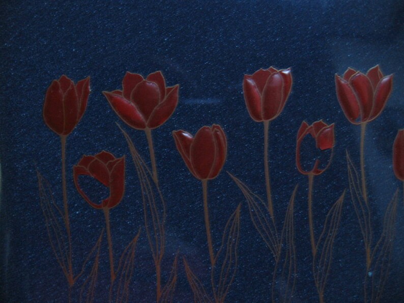 Unque Otagiri Blue Lacquer JewelryKeepsake Music Box with Tulips on Lid Nice Gift for Her Gorgeous Elegant Musical Box sale!Vintage 80/'s
