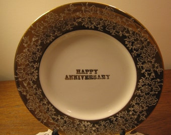 Sale!!Vintage 90's,Anniversary 10 1/4 Inch Plate, Plate by Milbern Fine China,"Happy Anniversary", Gold Anniversary, 23 Kt.Gold, Made in USA