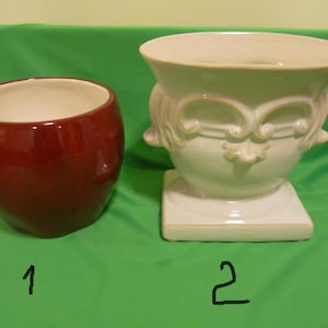 Vintage Ceramic Planter/Holders: Bright Dark Red Ceramic Container and White Art Mid Century Vase Planter, Flower Pot Vases