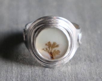 Size 9US Dendritic Agate Round Sterling Silver Saddle Ring | Wide Cigar Band | Yellow Brown OOAK Fern Dendrite Scenic Natural Unique RB3-005