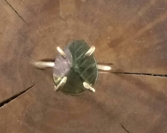 Carved Leaf Watermelon TOURMALINE Claw Ring | Ready to Ship | Size 6 US 14K Yellow Gold Filled | OOAK | Handmade | Pink Green Natural