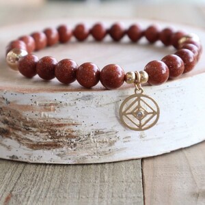 Copper Goldstone Gemstone Bead & Matte Gold Plated Charm Stretch Bracelet | Geometric | Rhinestone | Crystal | Beaded Bracelet | Handmade