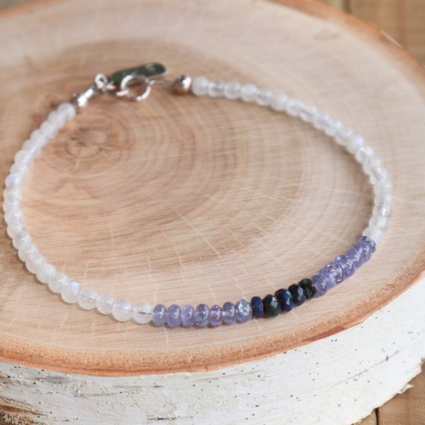 Genuine Round Blue Flash Moonstone Gemstone Beads  | Purple Tanzanite | Blue Black Welo Opal |  Sterling Silver Beaded Bracelet | Dainty