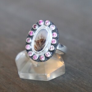 May include: A silver ring with a black oval setting featuring a dendritic agate stone surrounded by a halo of pink gemstones.