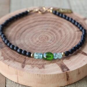 Green Chrome Diopside | Blue Apatite | Gold | Black Czech Glass Bead Bracelet | Semi Precious Gemstone and Glass Beaded | AugustandElliott