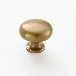May include: A round, brass cabinet knob with a smooth, slightly domed top and a small, round base.