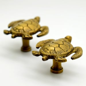 May include: Two antique brass turtle-shaped cabinet knobs. The knobs have a detailed turtle design with textured shells and are mounted on a short, cylindrical base. The knobs are a warm gold colour.