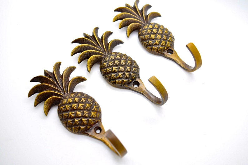 Tropical pineapple wall door hooks. Sold in singles. Brass towel clothes hooks that are perfect for bathroom or bedroom decor projects image 1
