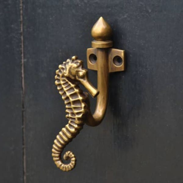 nursery decor wall hooks. Seahorse brass towel hooks. Bathroom and hallway coat hooks in brass, great for small gift ideas and home decor