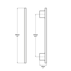 May include: A black metal door handle with a rectangular shape and rounded edges. The handle is 12 inches long and 10.7 inches tall. The handle has a 1-inch diameter knob on each end.
