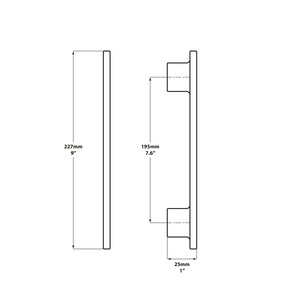 May include: A black metal door handle with a 9-inch length and a 7.6-inch height. The handle has a 1-inch width.