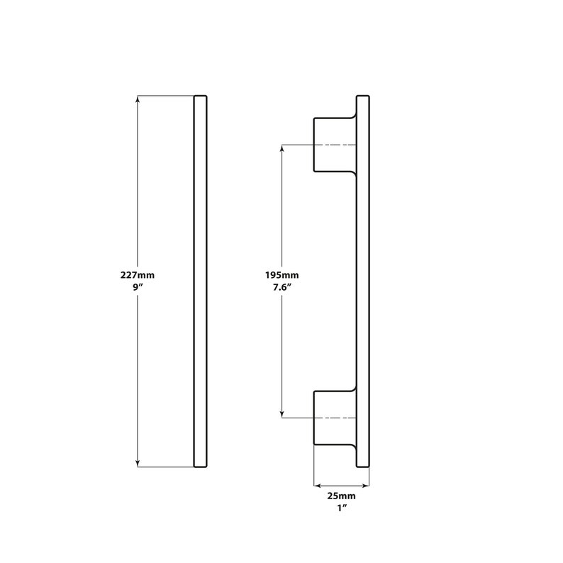 May include: A black metal door handle with a 9-inch length and a 7.6-inch height. The handle has a 1-inch width.