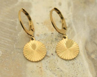 Sunburst Disc Earrings Gold • Starburst Coin Lever Back • Waterproof Stainless Steel • Hypoallergenic Hooks