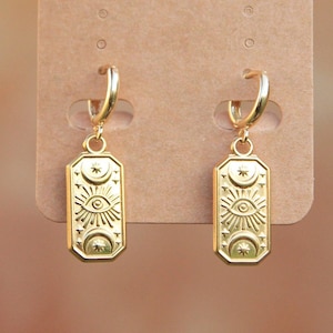 Rectangle Celestial Eye Earrings | Eye, Moon, Star Huggie Earrings