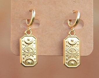 Rectangle Celestial Eye Earrings | Eye, Moon, Star Huggie Earrings