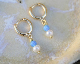 Gold Opal and Pearl Huggie Earrings